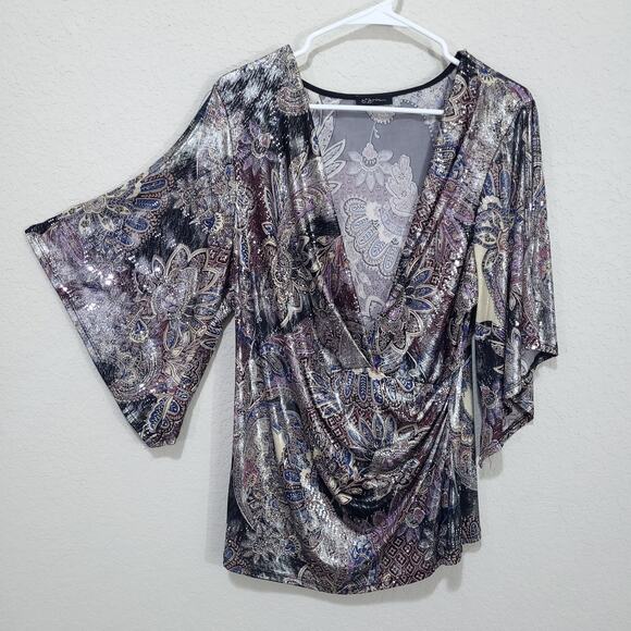 S Levine Top Womens Large Deep V neck  Disco Glam Going Out Maximalist Party - Picture 1 of 11